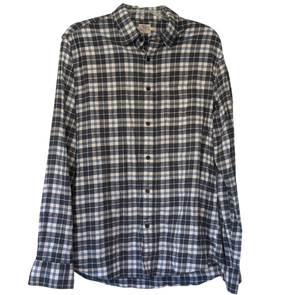 Faherty Plaid flannel button down long sleeve shirt Mens large Blue Grey White